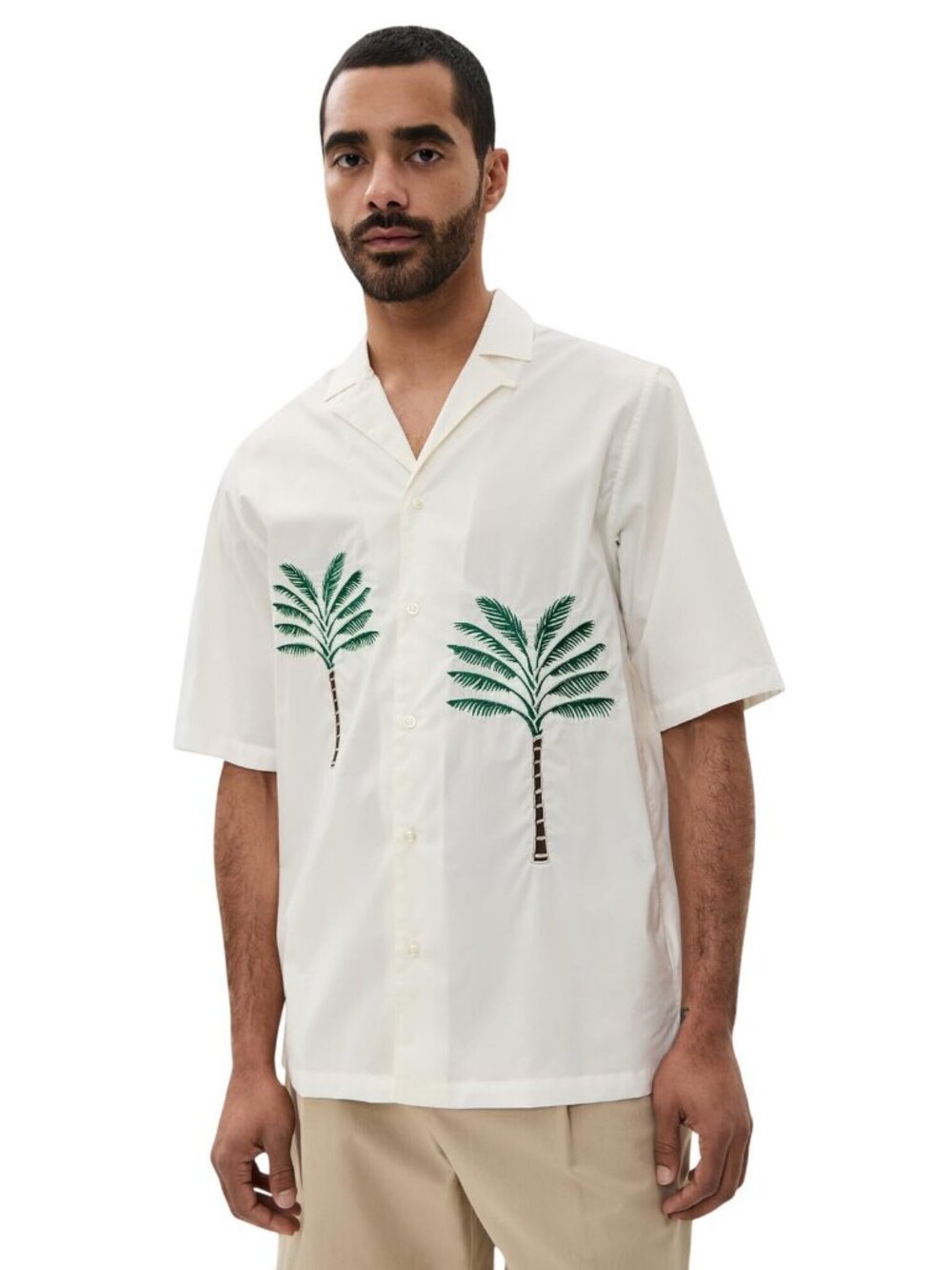 NWT Officine Generale Palm Tree Camp Cuban Embroidered Shirt Ecru Off White S